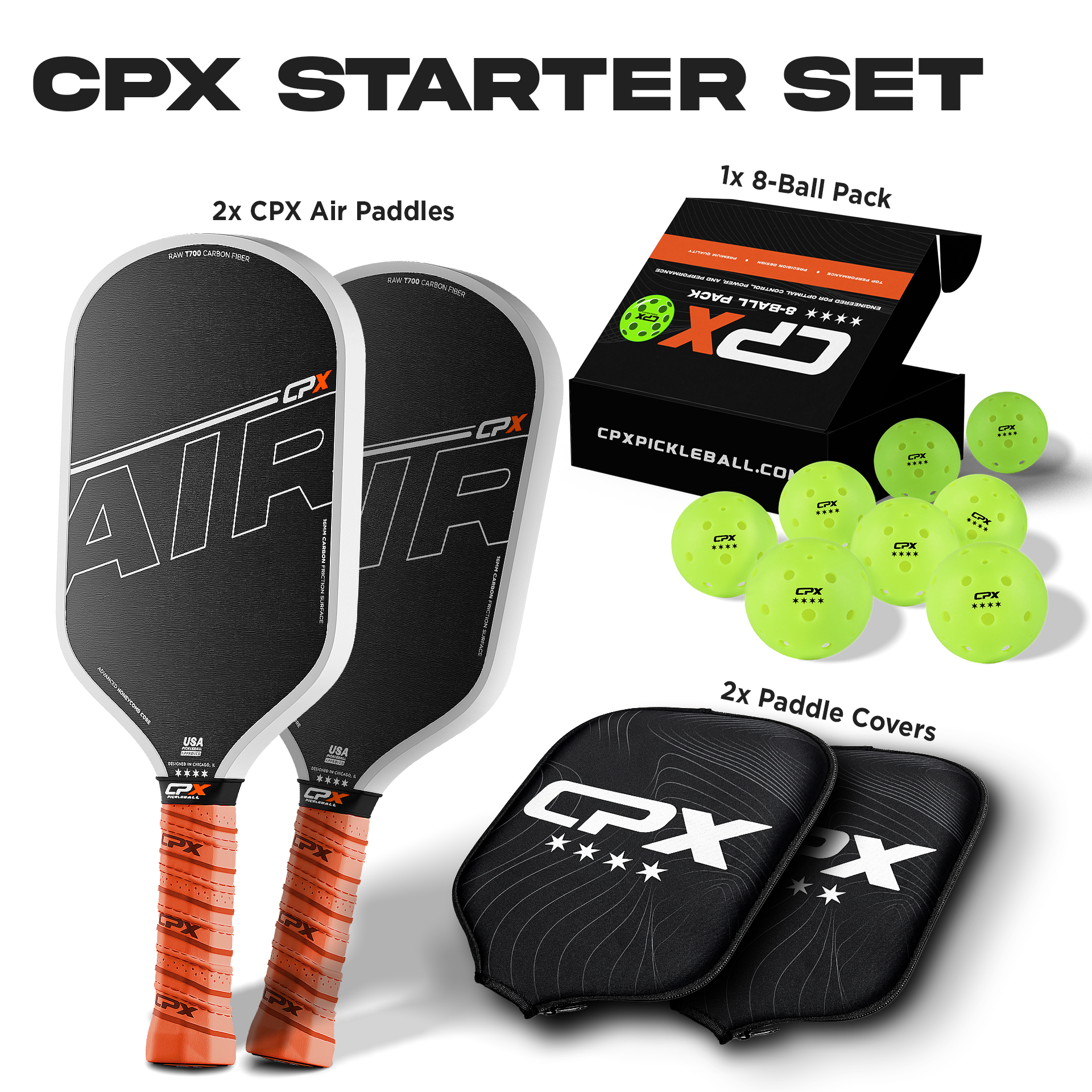 CPX Pickleball Starter Set with 2 paddles, 2 covers, and 8 outdoor balls